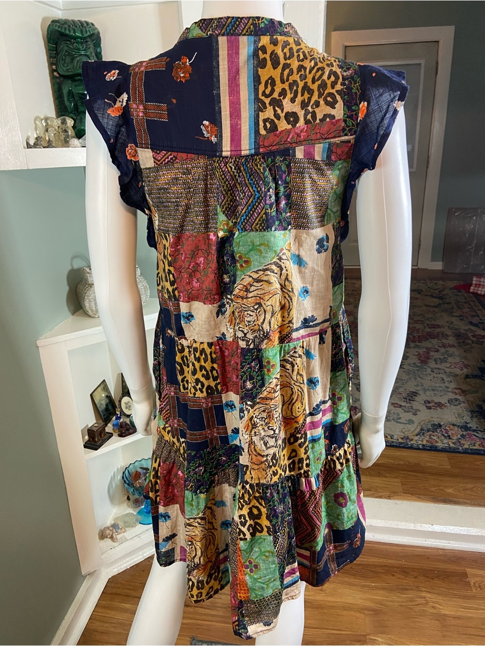 Pilcro Patchwork Tiger Leopard Tiered Mini Babydoll Dress XSmall XS - Picture 3 of 15
